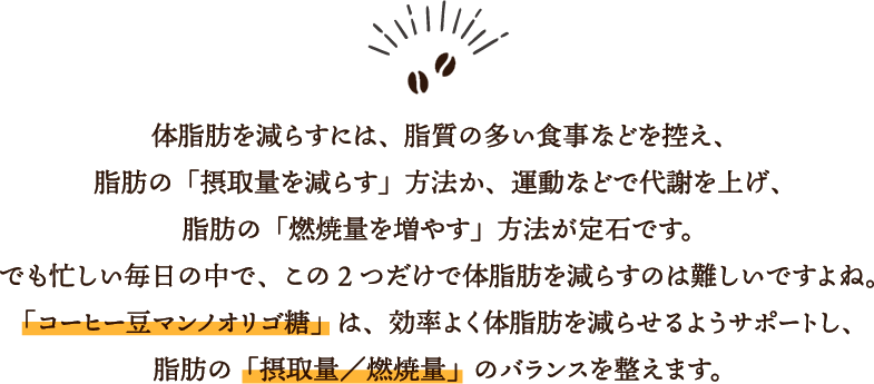 体脂肪を減らすには、脂質の多い食事などを控え、
脂肪の「摂取量を減らす」方法か、運動などで代謝を上げ、
脂肪の「燃焼量を増やす」方法が定石です。
でも忙しい毎日の中で、この2つだけで体脂肪を減らすのは難しいですよね。「コーヒー豆マンノオリゴ糖」は、効率よく体脂肪を減らせるようサポートし、脂肪の「摂取量／燃焼量」のバランスを整えます。
