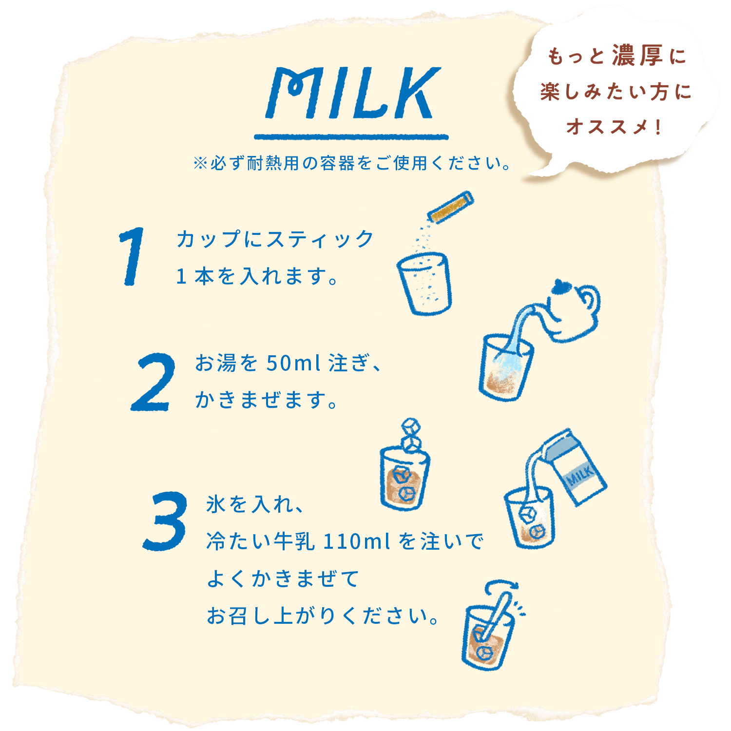 MILK ※必ず耐熱用の容器をご使用ください。1カップにスティック1本を入れます。2お湯を50ml注ぎ、かきまぜます。3氷を入れ、冷たい牛乳110mlを注いでよくかきまぜてお召し上がりください。