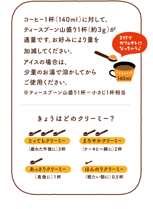 コーヒー1杯（140ml）に対して、ティースプーン山盛り1杯（約3g）が適量です。お好みにより量を加減してください。アイスの場合は、少量のお湯で溶かしてからご使用ください。　※ティースプーン山盛り1杯＝小さじ1杯相当